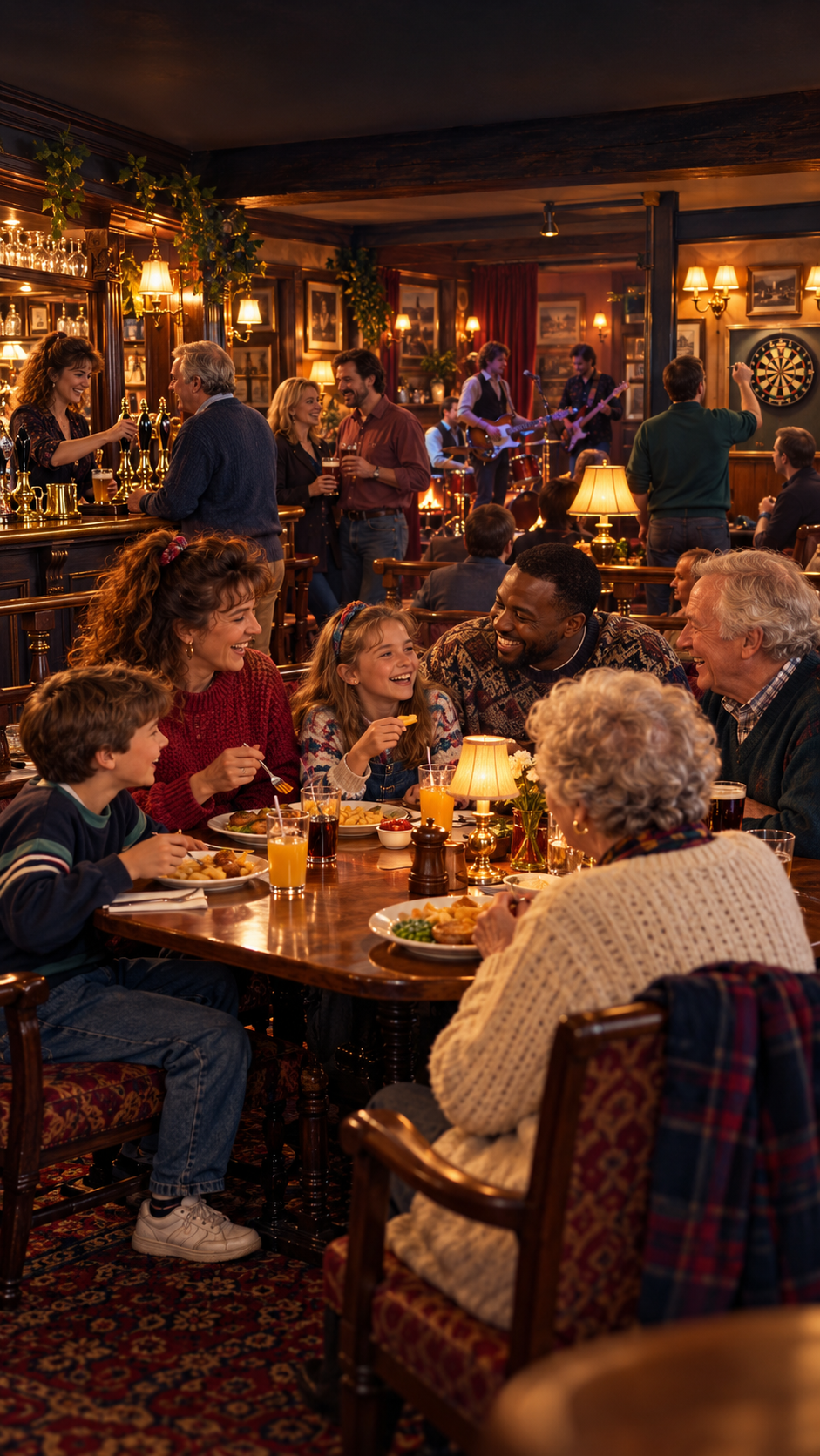 A warm 1990s community pub with families, live music and darts