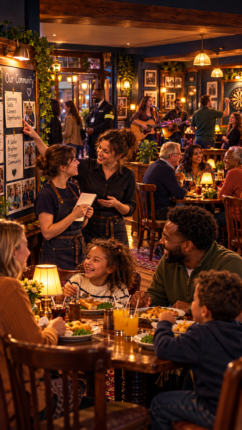 A modern community pub with family dining, staff learning, music and venue safety